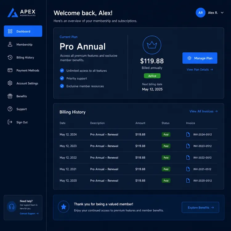 A custom memberships web app built by Next Level Apps